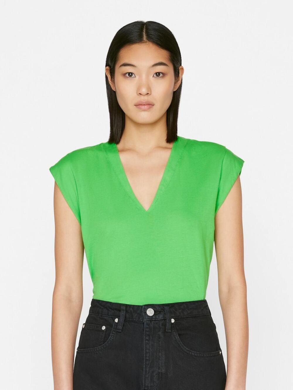 FRAME Denim T-Shirt Tee M Top Le High Rise V Neck Boxy Fit Green